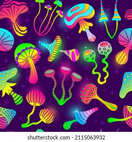 Mushrooms pattern. Psychodelic unhealthy drugs colored neon shapes mushroom seamless background for print designs recent vector template