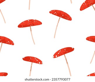 Mushrooms pattern. Seamless amanita fungus background design. Fly agaric, forest fungi, repeating print, endless texture. Printable flat vector illustration for wallpaper, wrapping, textile, fabric