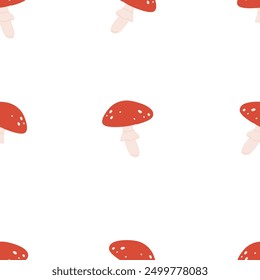 Mushrooms pattern. Seamless amanita fungus background design. Fly agaric, forest fungi, repeating print, endless texture. Printable flat vector illustration for wallpaper, wrapping, textile, fabric