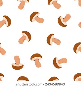 Mushrooms pattern. Seamless background, boletus fungi. Autumn porcini, brown fungus, repeating print, endless texture. Printable flat graphic vector illustration for wrapping, textile, fabric design