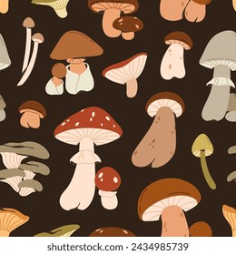 Mushrooms pattern. Seamless background, fall forest print. Endless fungi texture design. Autumn fungus, repeating backdrop for wrapping, fabric, textile. Printable repeatable flat vector illustration