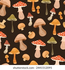 Mushrooms pattern. Seamless background, fall forest print. Endless fungi texture design. Autumn fungus, repeating backdrop for wrapping, fabric, textile. Printable repeatable flat vector illustration