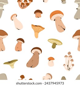 Mushrooms pattern. Seamless repeating print, fall fungus. Autumn fungi, endless background with boletus, chanterelle. Season texture for wrapping, fabric, textile design. Flat vector illustration