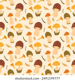 Mushrooms picking seamless pattern. Vector hand drawn illustration.