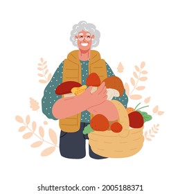 Mushrooms picking,hunting concept,finding fungus in the forest,active seniors.A old woman stands with a basket, holding mushrooms harvested in the fall season.Vector flat illustration.