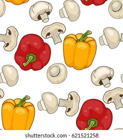 Mushrooms and Piper annuum - seamless pattern. Red, yellow pepper. useful vegetables. vegetarianism. Vector illustration with white background. the drawing hands.