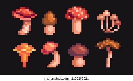 Mushrooms pixel art set. Fungi, forest plants collection. 8-bit sprite. Game development, mobile app.  Isolated vector illustration.