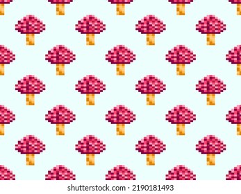 Mushrooms pixel art style seamless pattern. 8 bit mushroom in 2D retro style. Design for printing, wrapping paper and advertising. Vector illustration