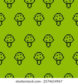 Mushrooms in pixel game style. Mobile game conseptual pattern. Flat seamless background.