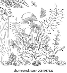 Mushrooms, plants and butterflies on a white background. Anti-stress coloring book for children and adults.