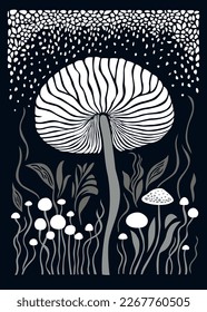 Mushrooms and plants, leaves and branches, black and white botanical illustration