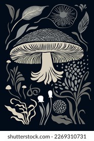 Mushrooms and plants, leaves and branches, black and white botanical illustration