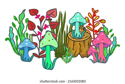 Mushrooms, plants, stump, color illustration, on a transparent background, picture for children