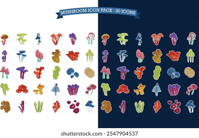 Mushrooms Plants themed vector icon pack consisting of 30 icons. Included in dark and light style