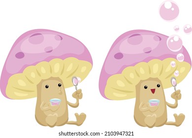 mushrooms playing bubble illustration for mascot, sticker, character, kids book, website, jokes, and many more