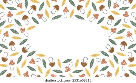 mushrooms. porcini mushrooms. fly agaric. a frame made of different mushrooms and leaves. food. autumn harvest. beautiful frame. a template for creating postcards. vector. doodle drawing. 