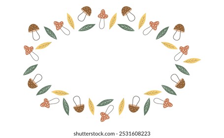 mushrooms. porcini mushrooms. fly agaric. a frame made of different mushrooms and leaves. food. autumn harvest. beautiful frame. a template for creating postcards. vector. doodle drawing. 