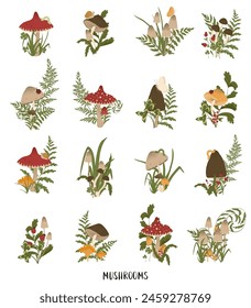 Mushrooms poster. Set of autumn mushrooms with leaves, berries, grass. Fall mushrooms for sticker, logo, children book, print. Isolated vector element. White background.