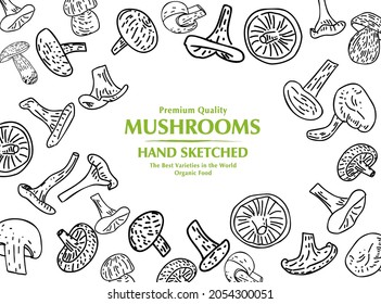 Mushrooms products. Top view frame. Hand drawn illustration. Pieces of Mushrooms design template. Engraved design. Great for package design. Vector illustration.
