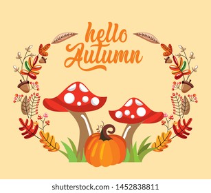 mushrooms with pumpkin between grass over wreath autumn. Vector illustration