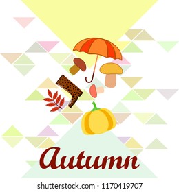 mushrooms pumpkin fallen leaves umbrella rubber boots autumnal vector background