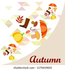 mushrooms pumpkin fallen leaves umbrella rubber boots autumnal vector background
