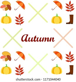 mushrooms pumpkin fallen leaves umbrella rubber boots autumnal vector background
