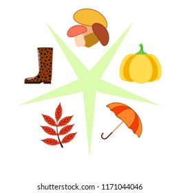 mushrooms pumpkin fallen leaves umbrella rubber boots autumnal vector background