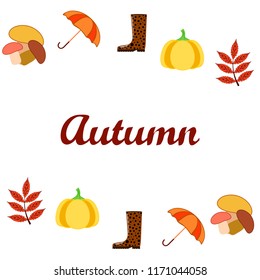 mushrooms pumpkin fallen leaves umbrella rubber boots autumnal vector background