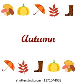 mushrooms pumpkin fallen leaves umbrella rubber boots autumnal vector background