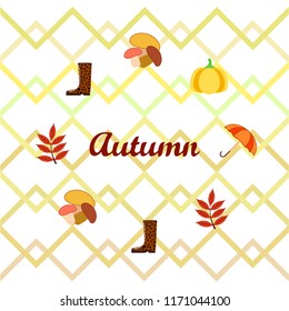 mushrooms pumpkin fallen leaves umbrella rubber boots autumnal vector background