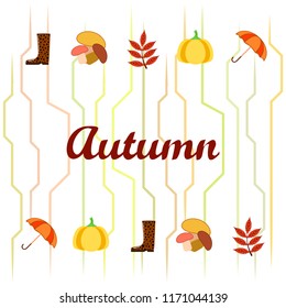 mushrooms pumpkin fallen leaves umbrella rubber boots autumnal vector background