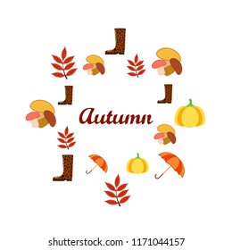 mushrooms pumpkin fallen leaves umbrella rubber boots autumnal vector background