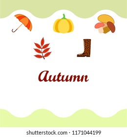 mushrooms pumpkin fallen leaves umbrella rubber boots autumnal vector background