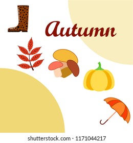 mushrooms pumpkin fallen leaves umbrella rubber boots autumnal vector background