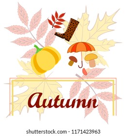 mushrooms pumpkin fallen leaves umbrella rubber boots autumnal vector background
