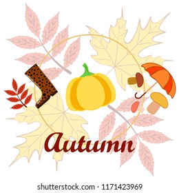 mushrooms pumpkin fallen leaves umbrella rubber boots autumnal vector background