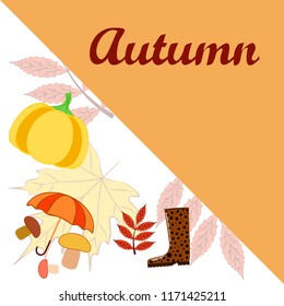 mushrooms pumpkin fallen leaves umbrella rubber boots autumnal vector background