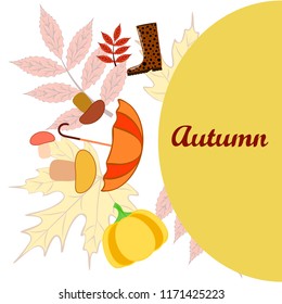 mushrooms pumpkin fallen leaves umbrella rubber boots autumnal vector background