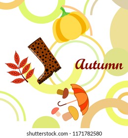 mushrooms pumpkin fallen leaves umbrella rubber boots autumnal vector background