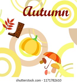 mushrooms pumpkin fallen leaves umbrella rubber boots autumnal vector background