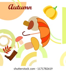 mushrooms pumpkin fallen leaves umbrella rubber boots autumnal vector background