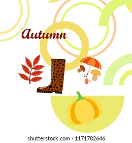 mushrooms pumpkin fallen leaves umbrella rubber boots autumnal vector background