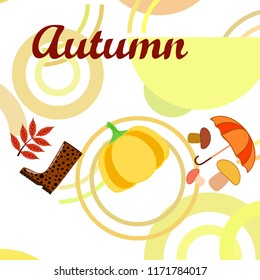 mushrooms pumpkin fallen leaves umbrella rubber boots autumnal vector background