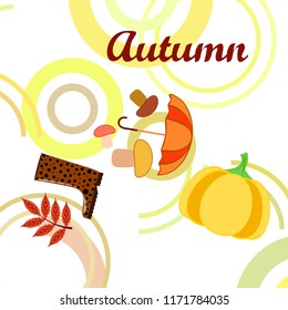 mushrooms pumpkin fallen leaves umbrella rubber boots autumnal vector background