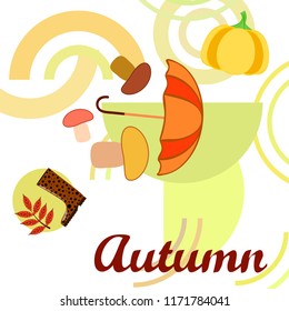 mushrooms pumpkin fallen leaves umbrella rubber boots autumnal vector background