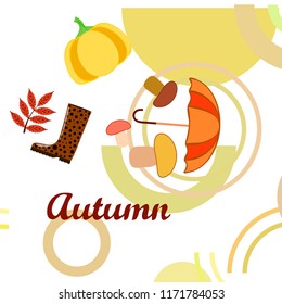 mushrooms pumpkin fallen leaves umbrella rubber boots autumnal vector background