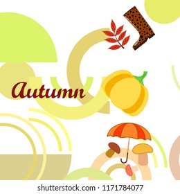 mushrooms pumpkin fallen leaves umbrella rubber boots autumnal vector background