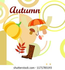 mushrooms pumpkin fallen leaves umbrella rubber boots autumnal vector background