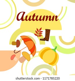 mushrooms pumpkin fallen leaves umbrella rubber boots autumnal vector background